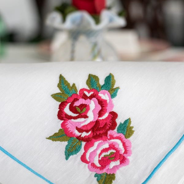 Linen Embroidered Rose Large Dinner Napkin - Carleton Varney