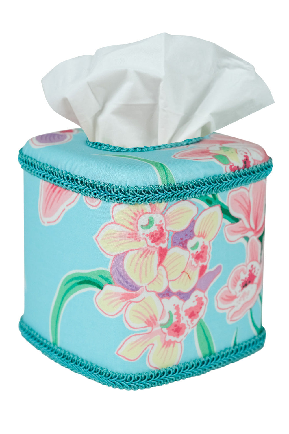 Draper Fabric Tissue Holder - Cymbidium Orchid Aqua – Dorothy Draper Home