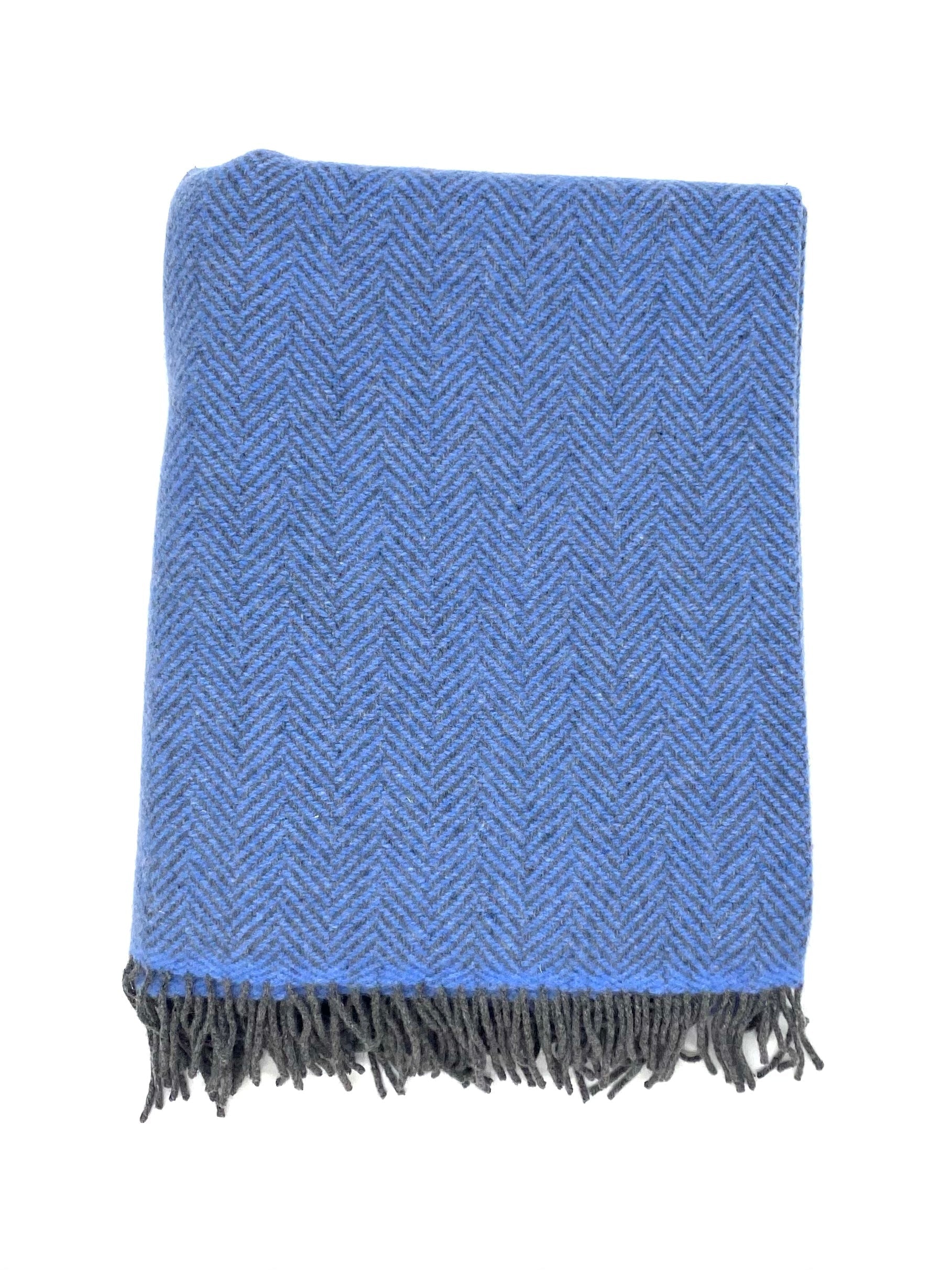 Merino Wool and Cashmere Herringbone Throw - Solid Mid Blue