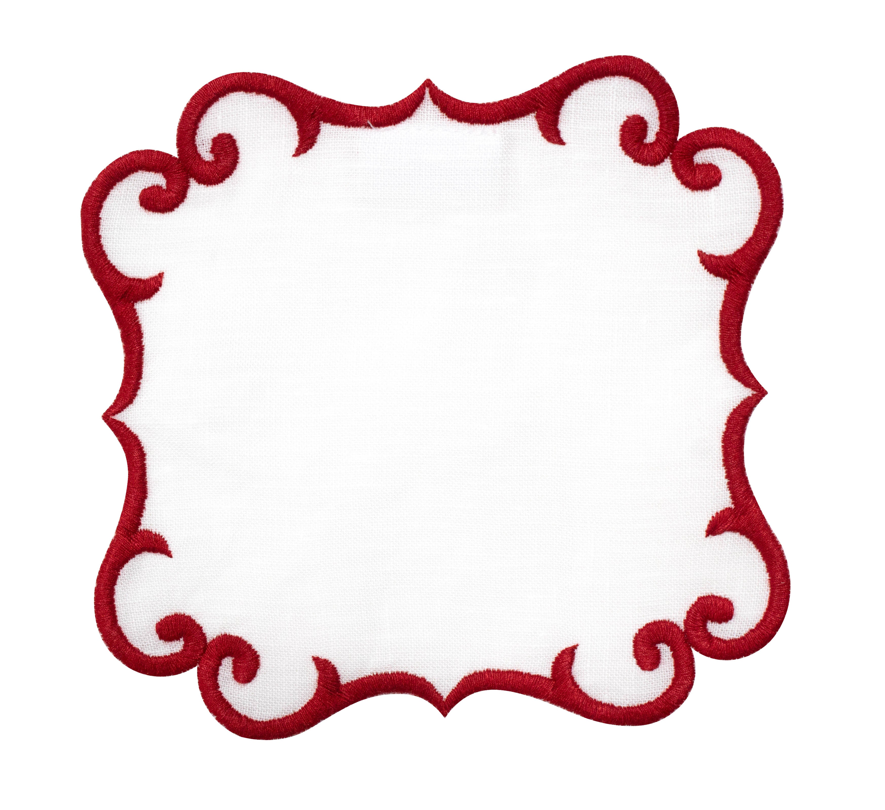 Linen Cocktail Napkins (Set of Four)~ Embroidered Scroll