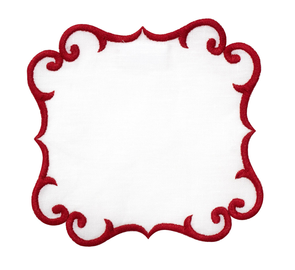 Linen Cocktail Napkins (Set of Four)~ Embroidered Scroll