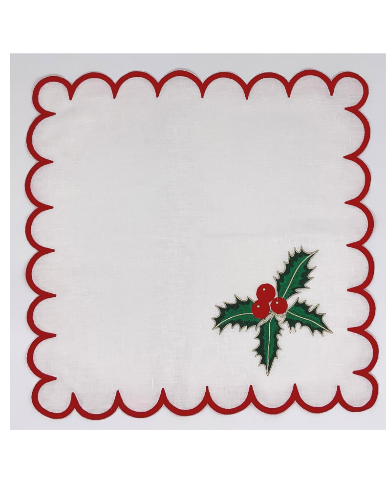 Holiday Embroidered Linen Dinner Napkins (Set of Four) Holly Berry~Red Scroll