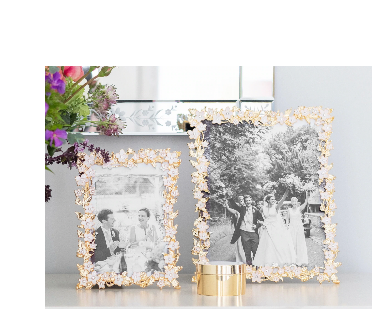 White Enamel Flower Frame with Gold Plated accents