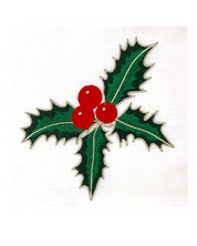 Holiday Embroidered Linen Dinner Napkins (Set of Four) Holly Berry~Red Scroll