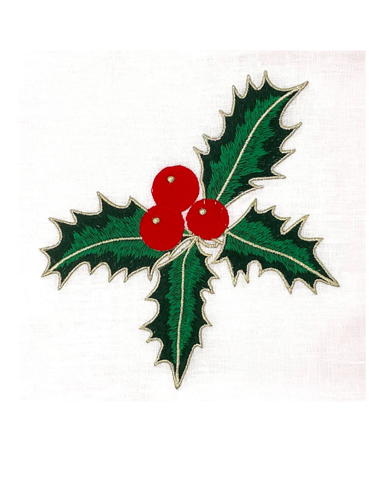 Holiday Embroidered Linen Dinner Napkins (Set of Four) Holly Berry~Red Scroll