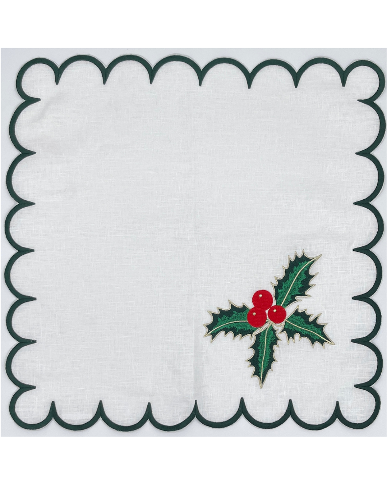 Holiday Dinner Napkins (Set of Four) Holly Berry~Green Scroll