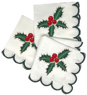 Holiday Dinner Napkins (Set of Four) Holly Berry~Green Scroll