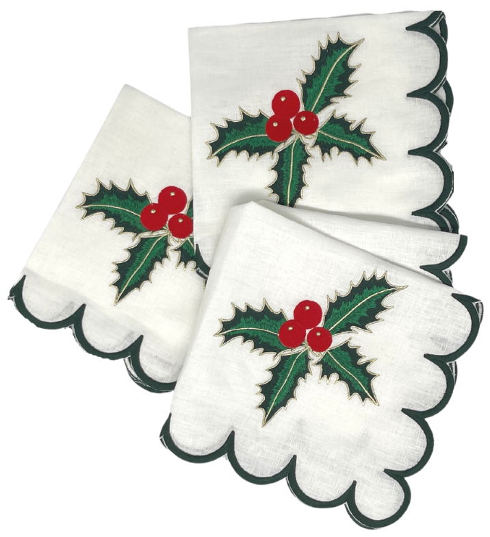 Holiday Dinner Napkins (Set of Four) Holly Berry~Green Scroll