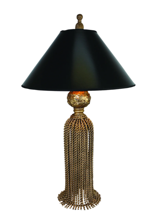 Medium Antique Gold Twisted Iron Tassel Lamp with Black Shade