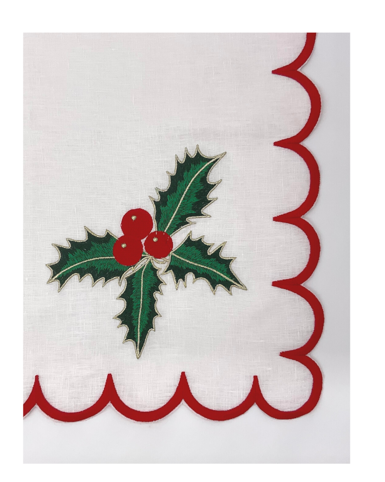 Holiday Embroidered Linen Dinner Napkins (Set of Four) Holly Berry~Red Scroll