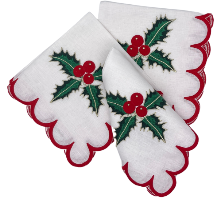 Holiday Embroidered Linen Dinner Napkins (Set of Four) Holly Berry~Red Scroll