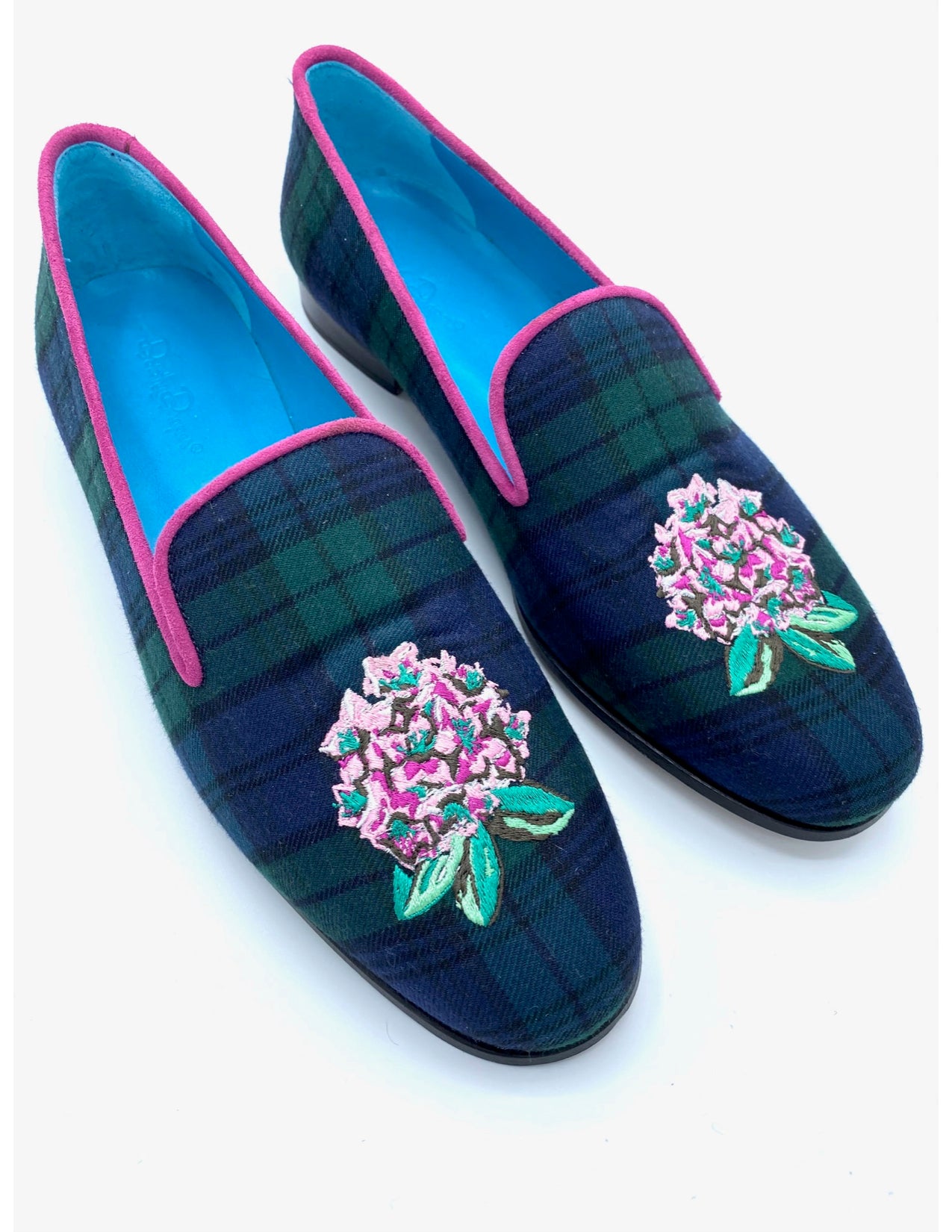Dorothy Draper Rhododendron Shoes, Plaid w/ Pink Suede Trim