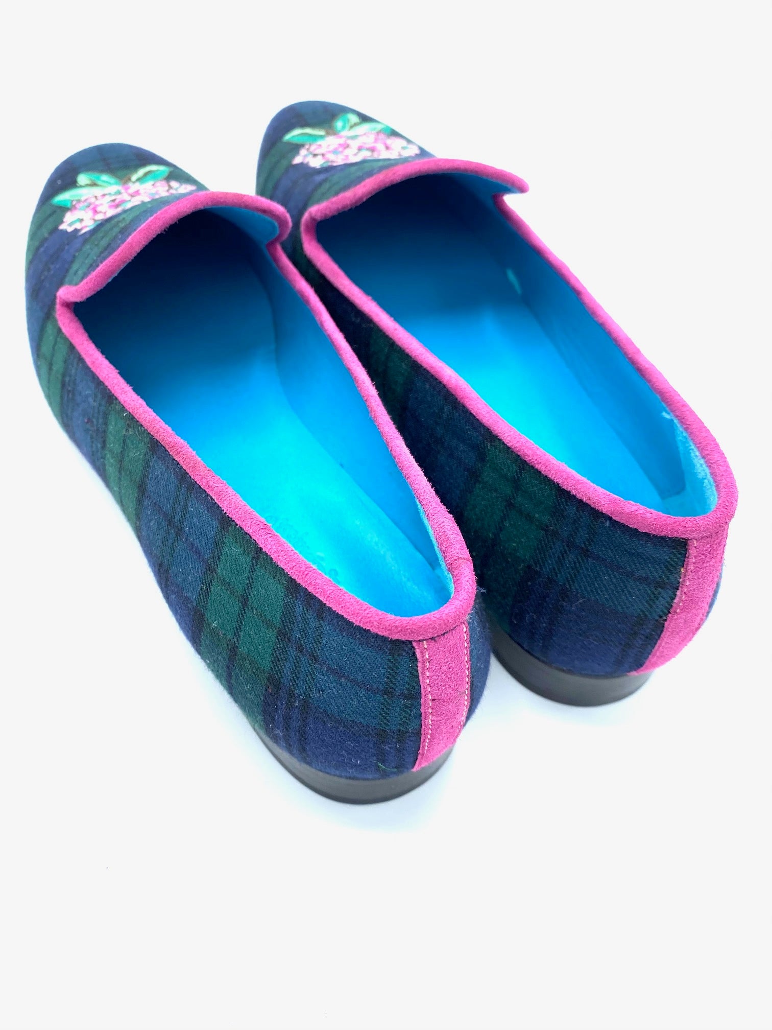 Dorothy Draper Rhododendron Shoes, Plaid w/ Pink Suede Trim