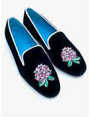 Dorothy Draper Rhododendron Shoes, Black Velvet w/ White Grosgrain Trim