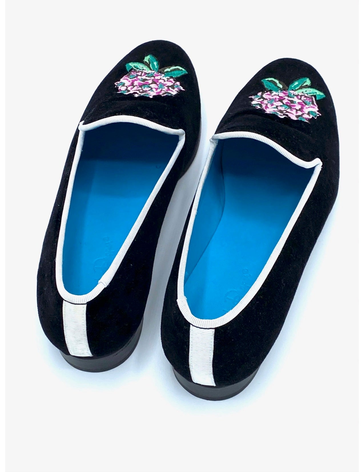 Dorothy Draper Rhododendron Shoes, Black Velvet w/ White Grosgrain Trim