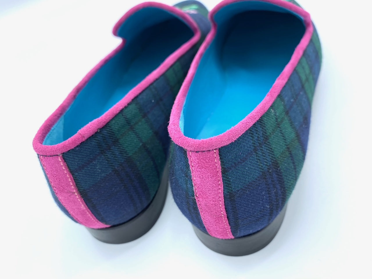 Dorothy Draper Rhododendron Shoes, Plaid w/ Pink Suede Trim