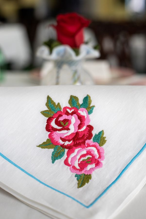 Linen Embroidered Rose Large Dinner Napkin - Carleton Varney