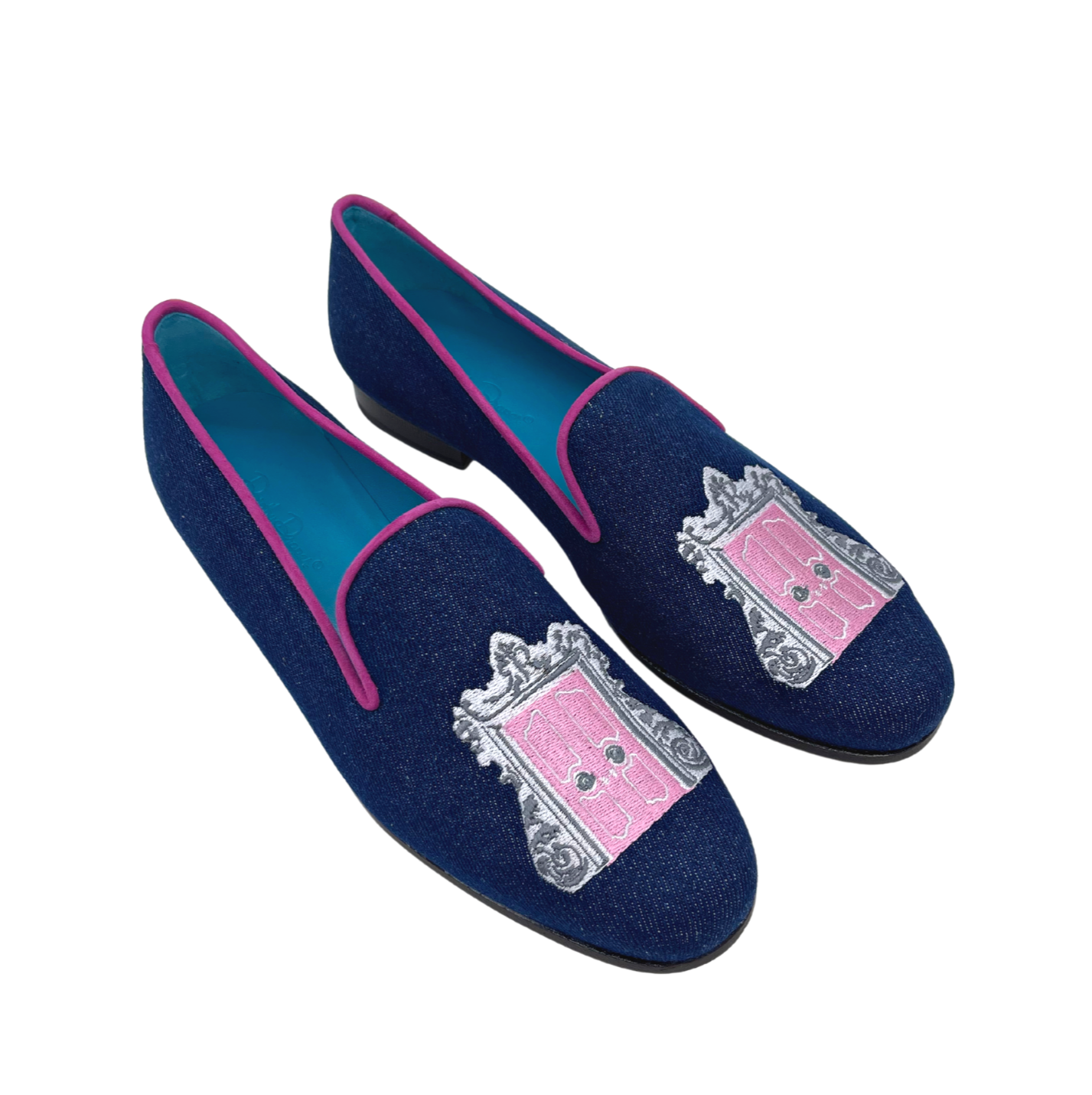 Dorothy Draper Pink Door Shoe on Jean Fabric w/ Pink Suede trim