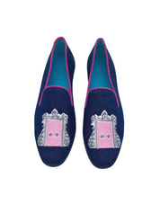 Dorothy Draper Pink Door Shoe on Denim Fabric w/ Pink Suede trim