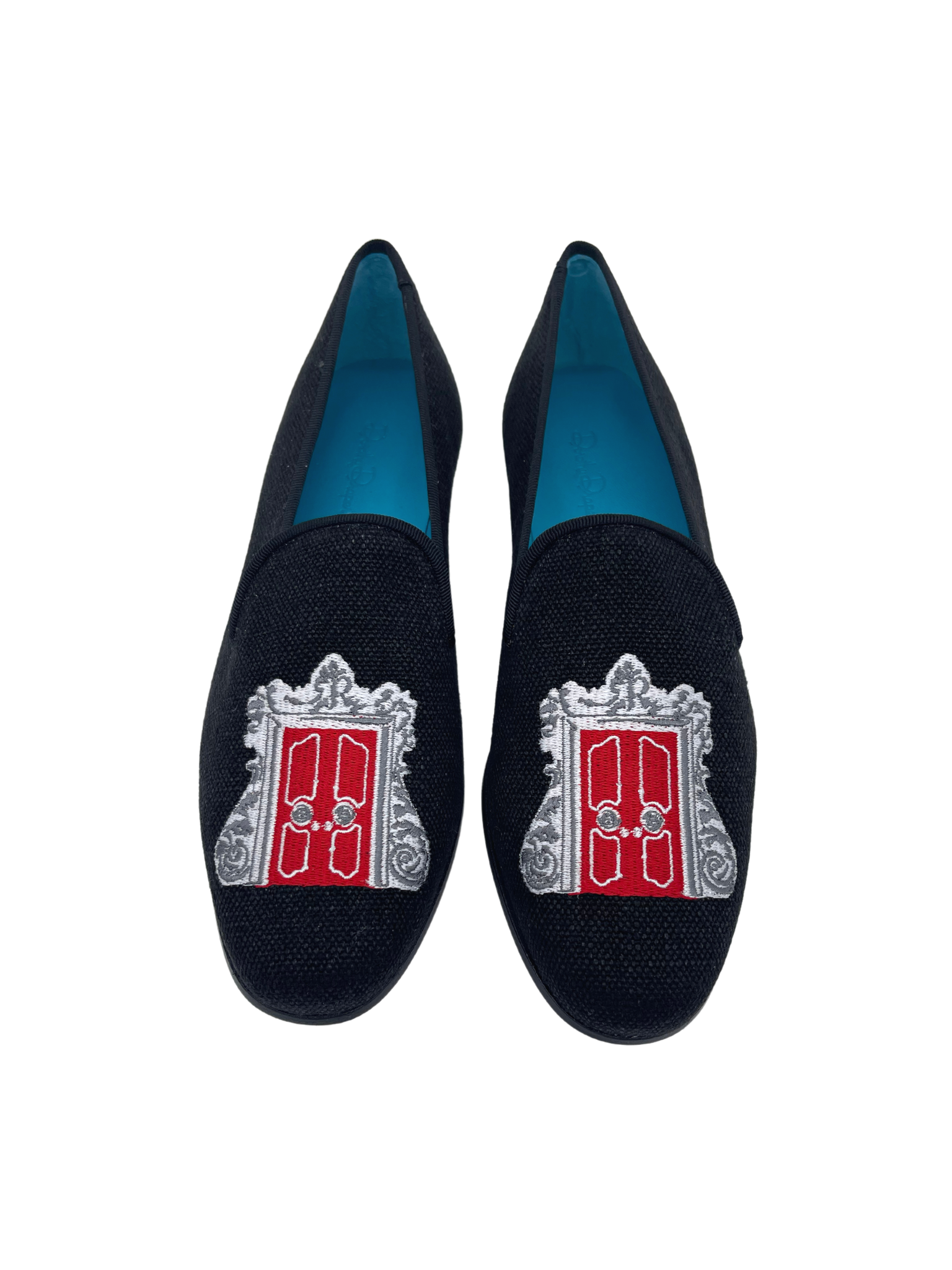 Dorothy Draper Red Door Shoes on Black Linen w/ Black Grosgrain trim