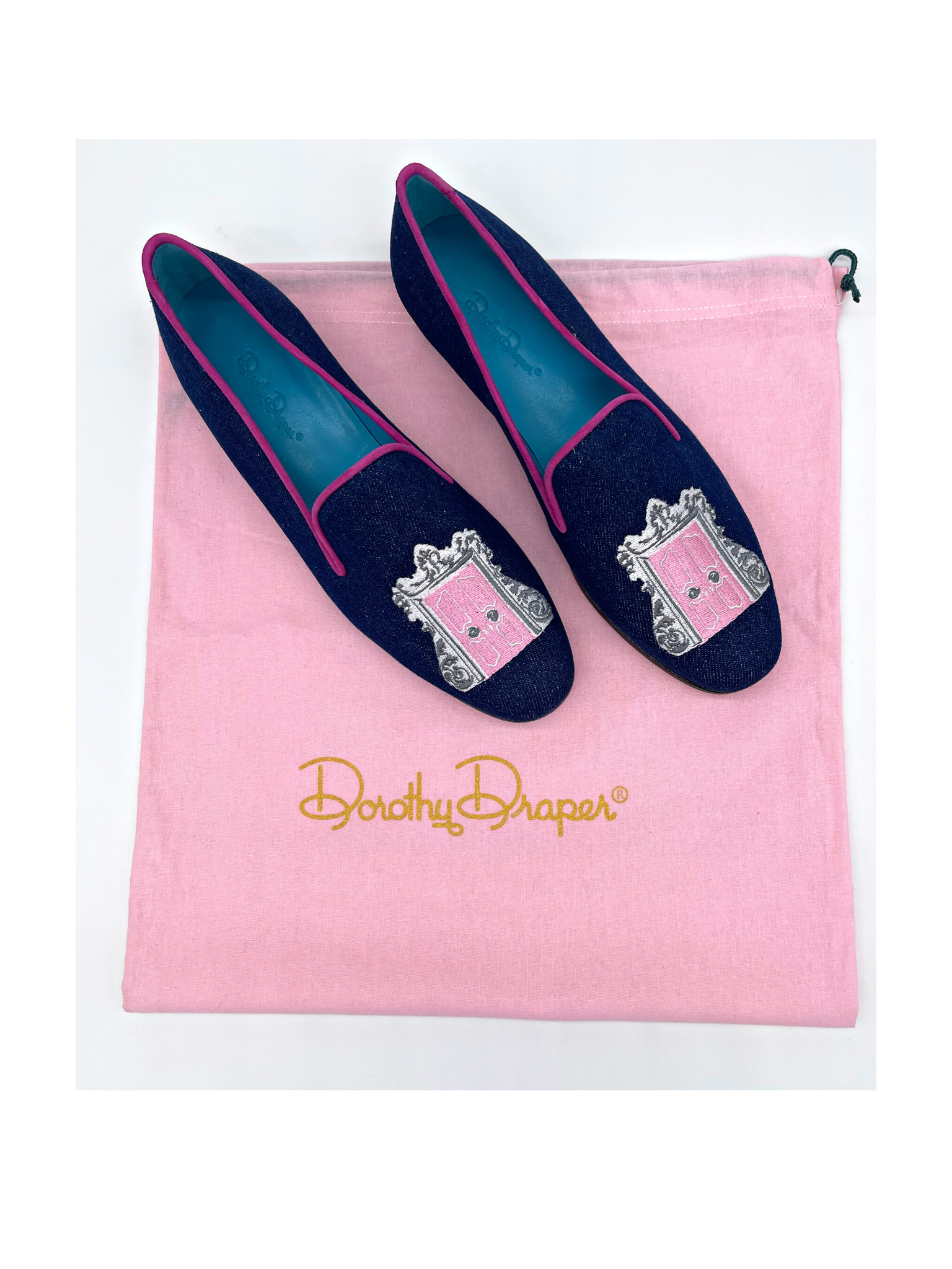 Dorothy Draper Pink Door Shoe on jean with pink side trim