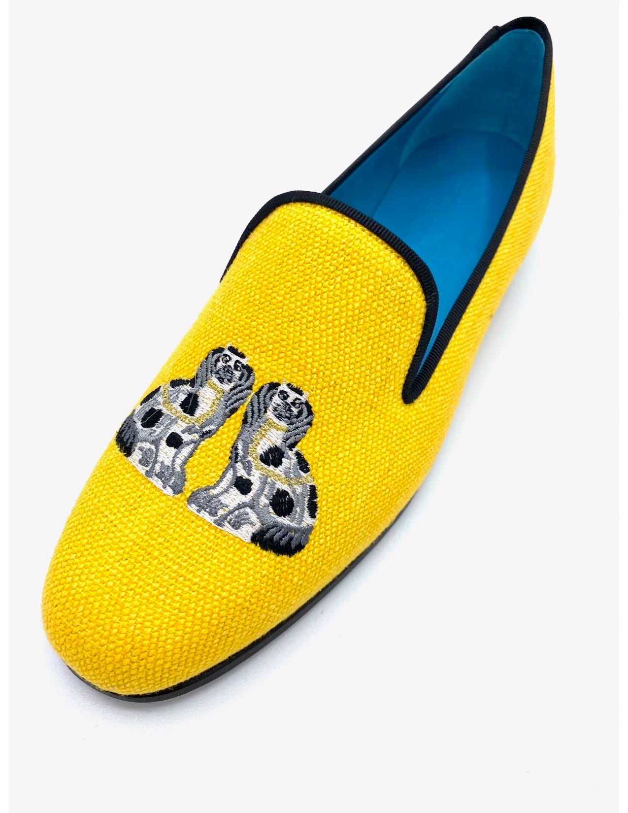 Staffordshire Dogs on Yellow Linen w/ Black Grosgrain trim
