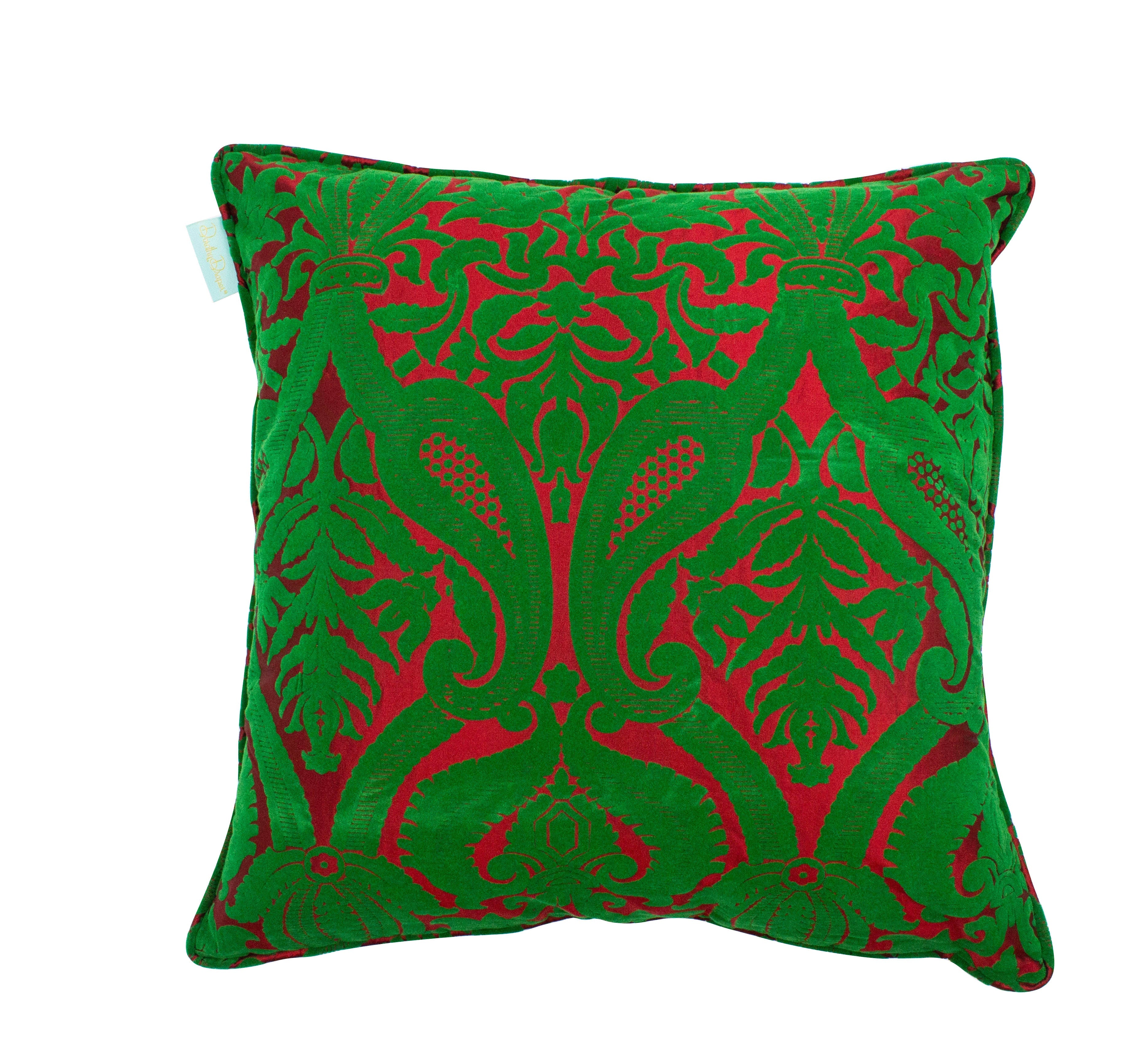 Blenheim Flocked Silk Damask Throw Pillow - Claret
