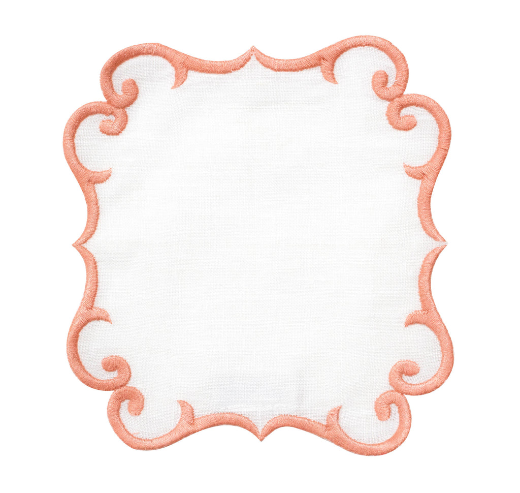 Linen Cocktail Napkins (Set of Four)~ Embroidered Scroll